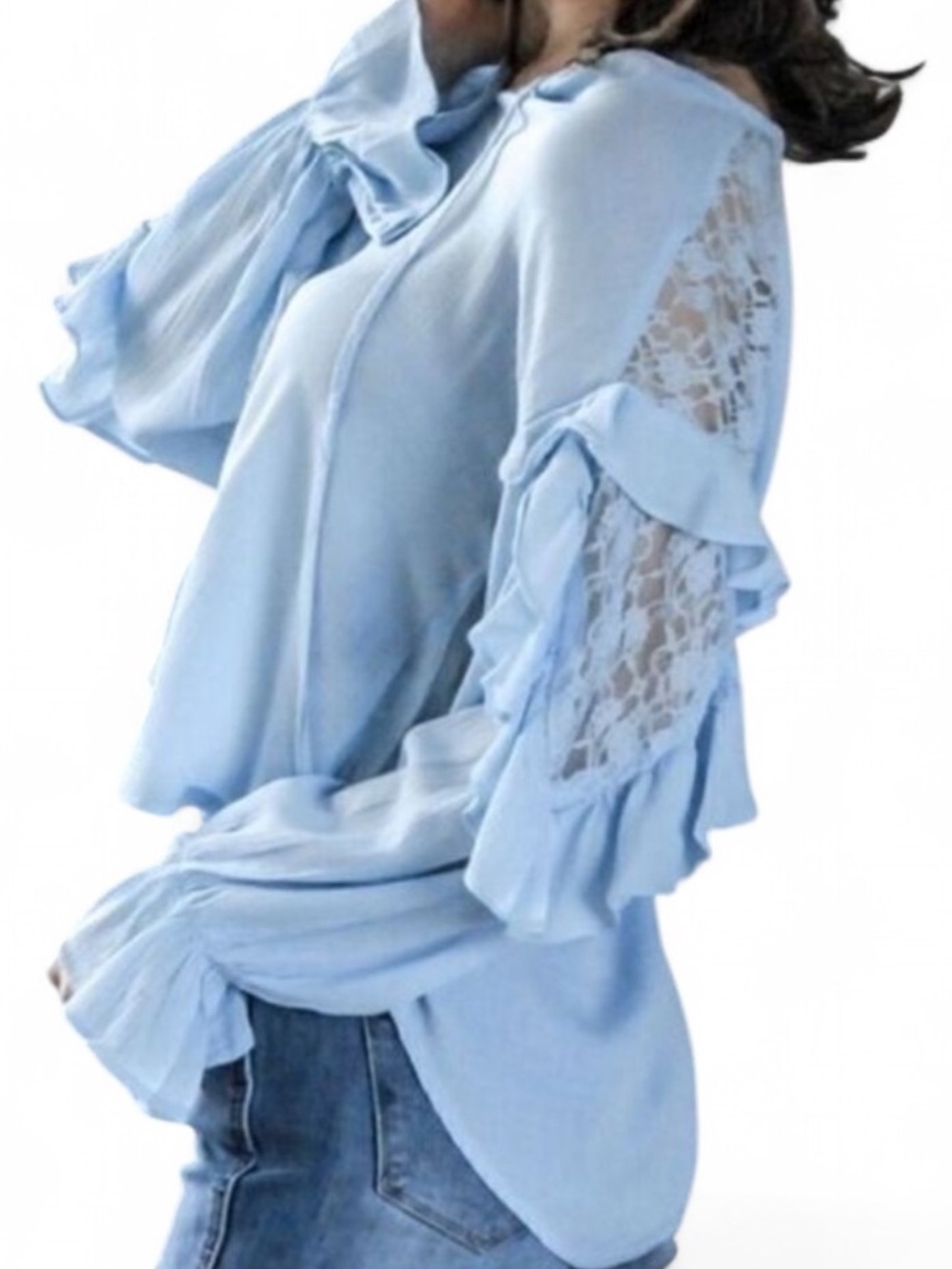 Loveriche Baby Blue Lace Trimmed Blouse, Women's Size S